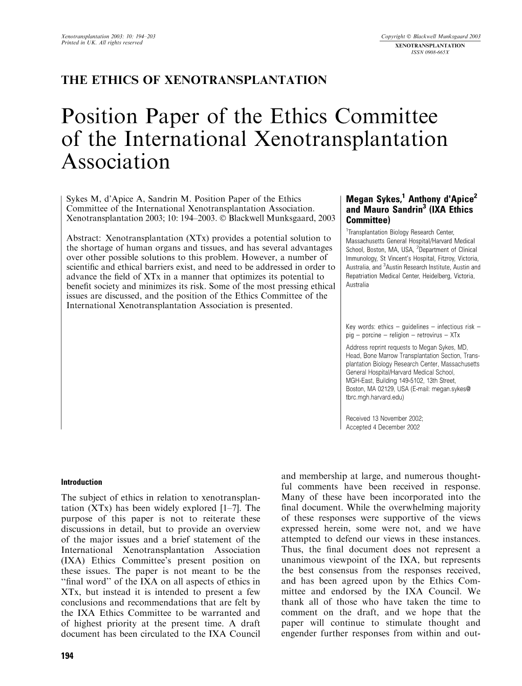 Position Paper of the Ethics Committee of the International Xenotransplantation Association