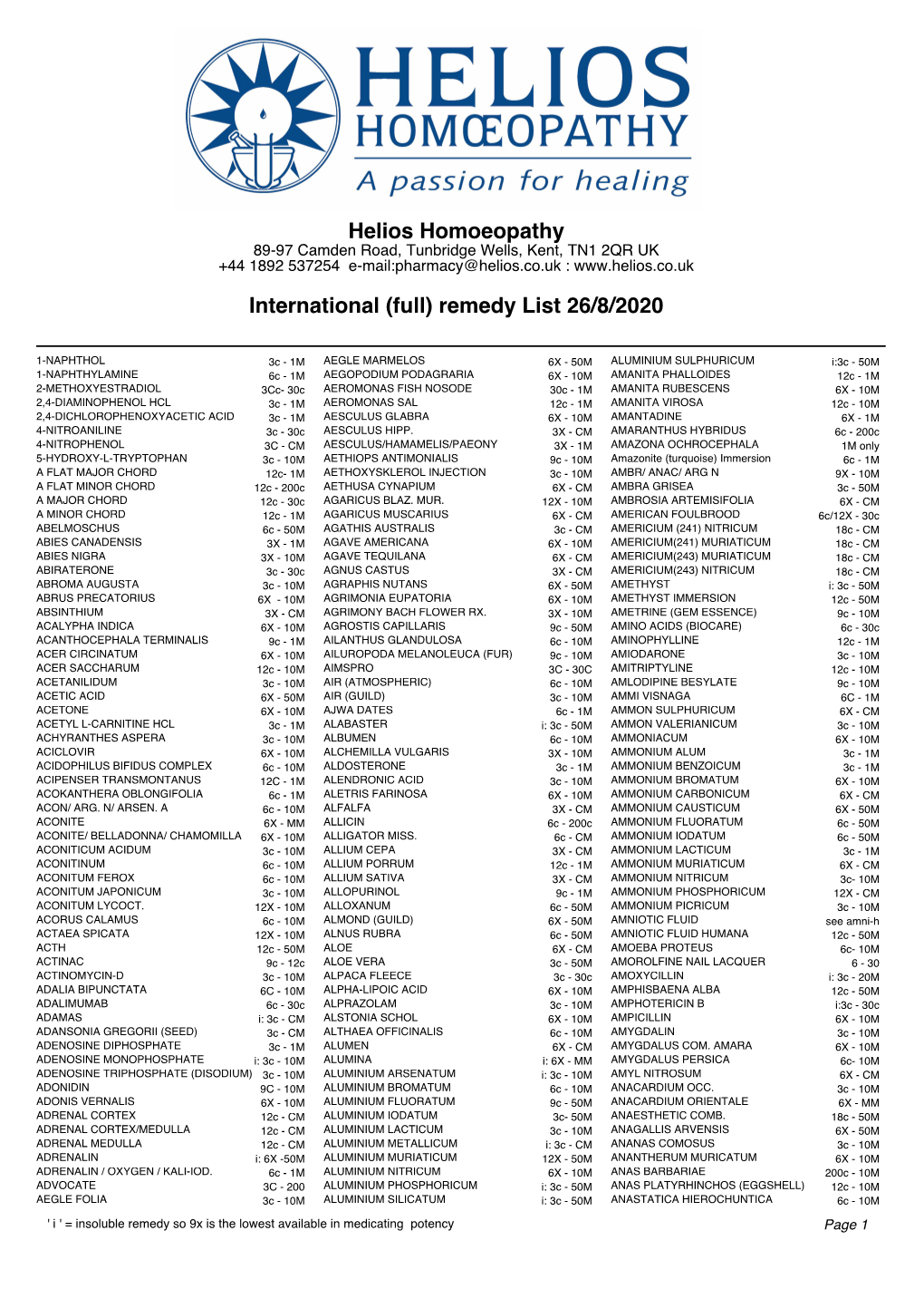 Helios Homoeopathy International (Full) Remedy List 26/8/2020