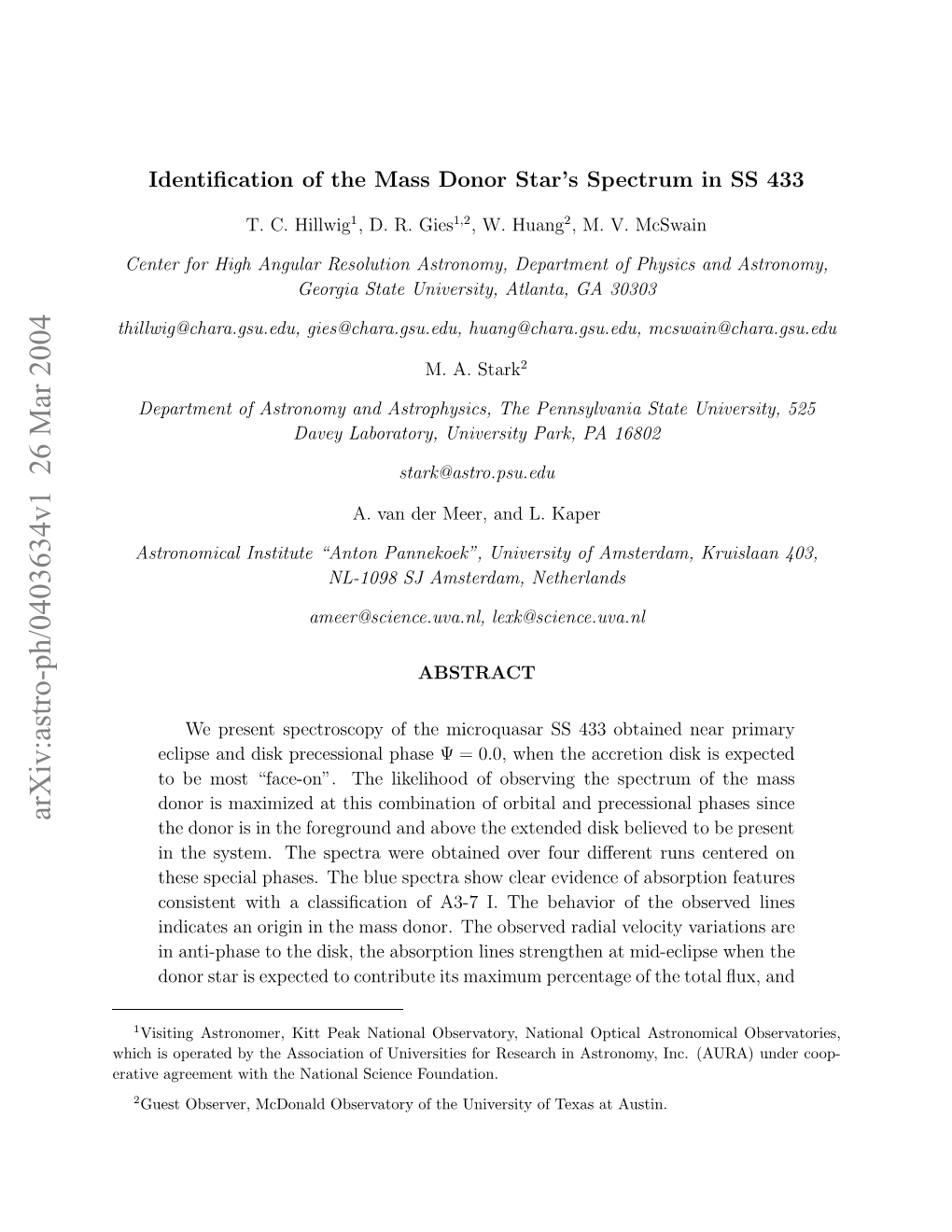 Identification of the Mass Donor Star's Spectrum in SS