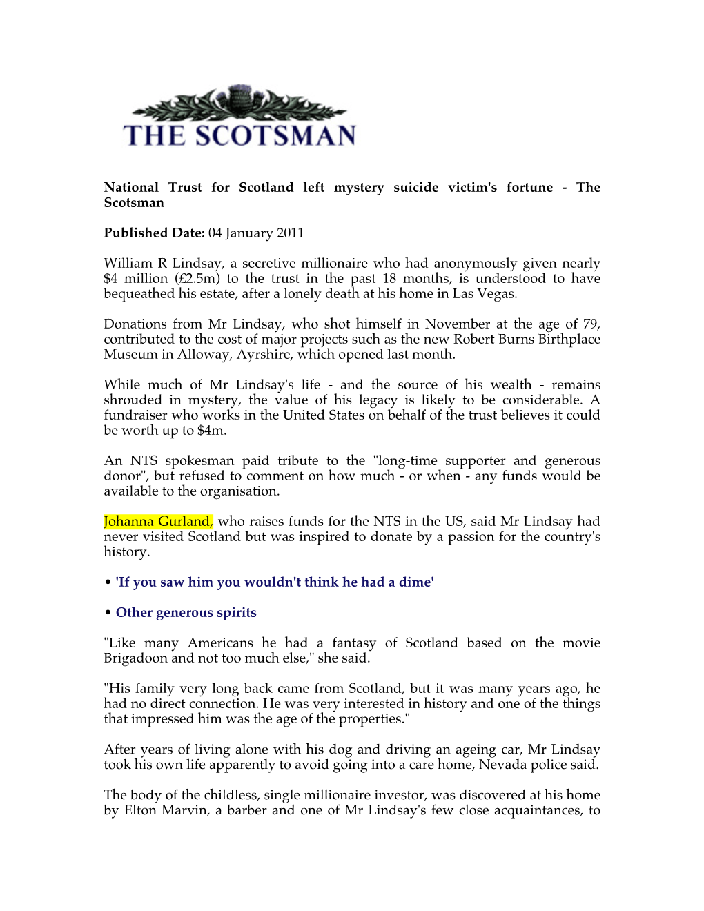 National Trust for Scotland Left Mystery Suicide Victim's Fortune - the Scotsman