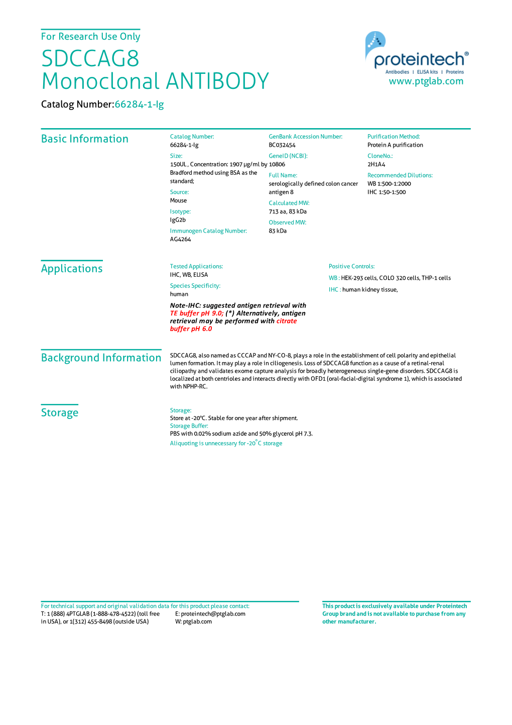 SDCCAG8 Monoclonal ANTIBODY Catalog Number:66284-1-Ig