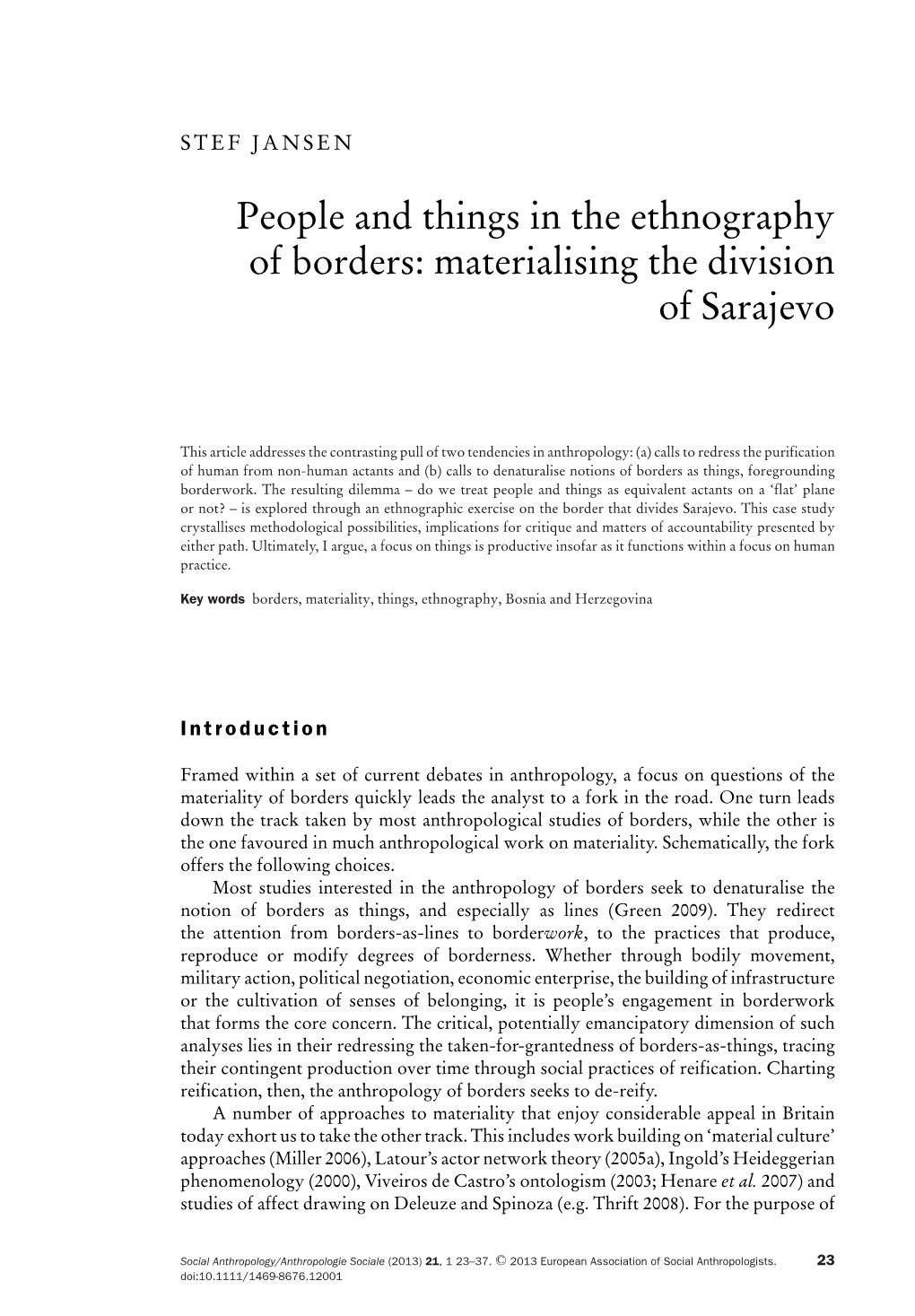 People and Things in the Ethnography of Borders: Materialising the Division of Sarajevo