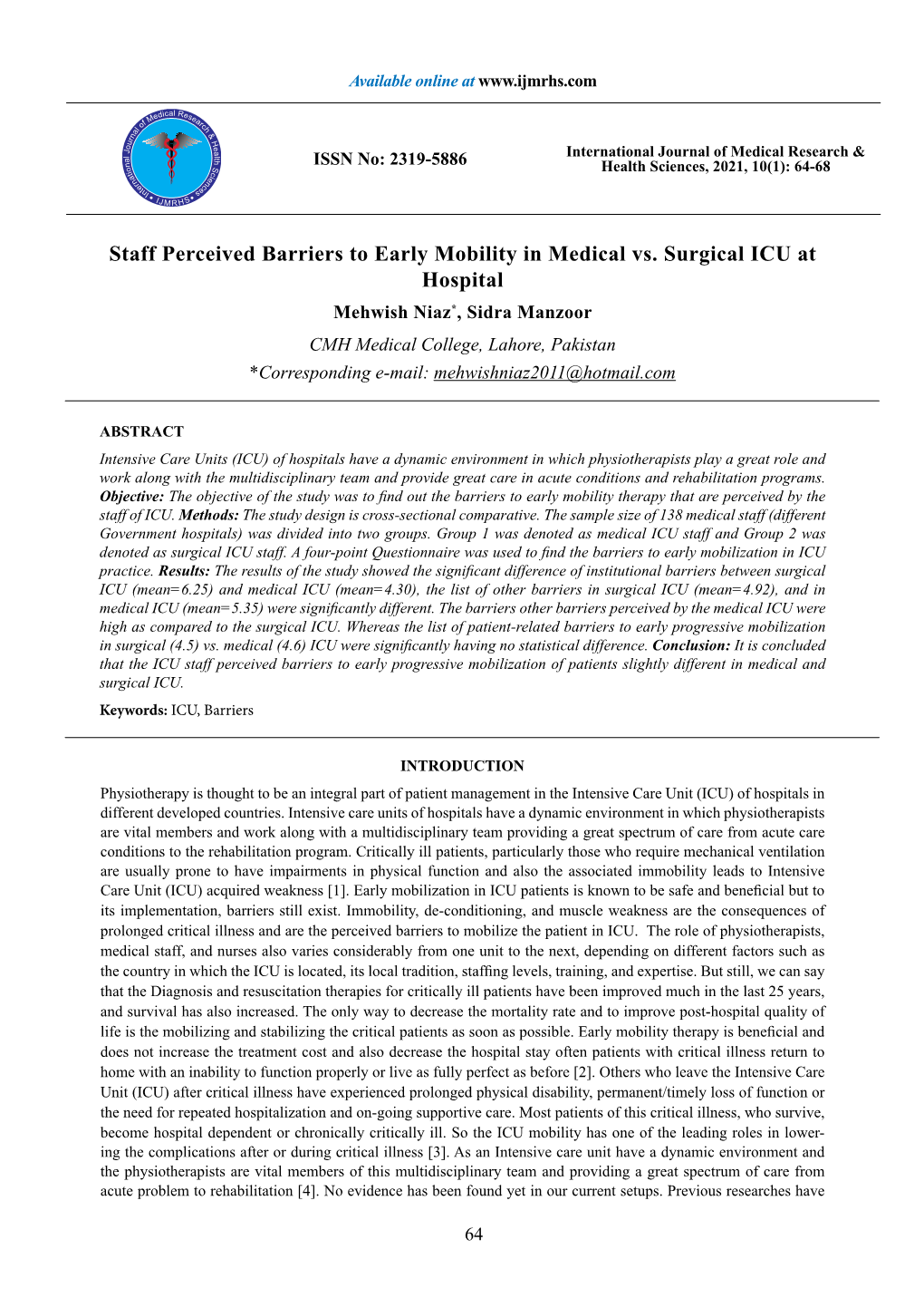 Staff Perceived Barriers to Early Mobility in Medical Vs. Surgical ICU