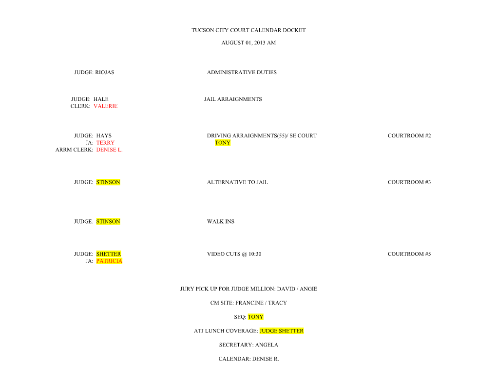 Tucson City Court Calendar Docket August 01, 2013 Am Judge