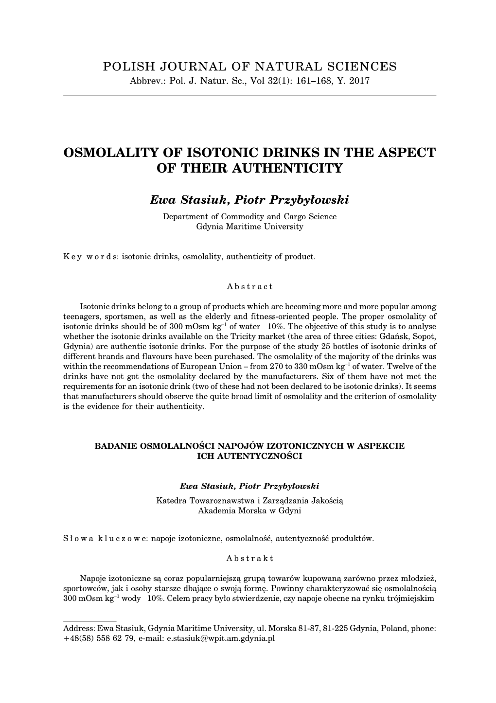 Osmolality of Isotonic Drinks in the Aspect of Their Authenticity