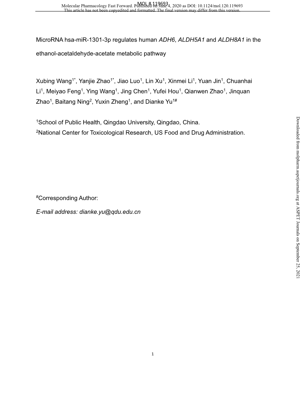 Microrna Hsa-Mir-1301-3P Regulates Human ADH6, ALDH5A1 and ALDH8A1 in the Ethanol-Acetaldehyde-Acetate Metabolic Pathway