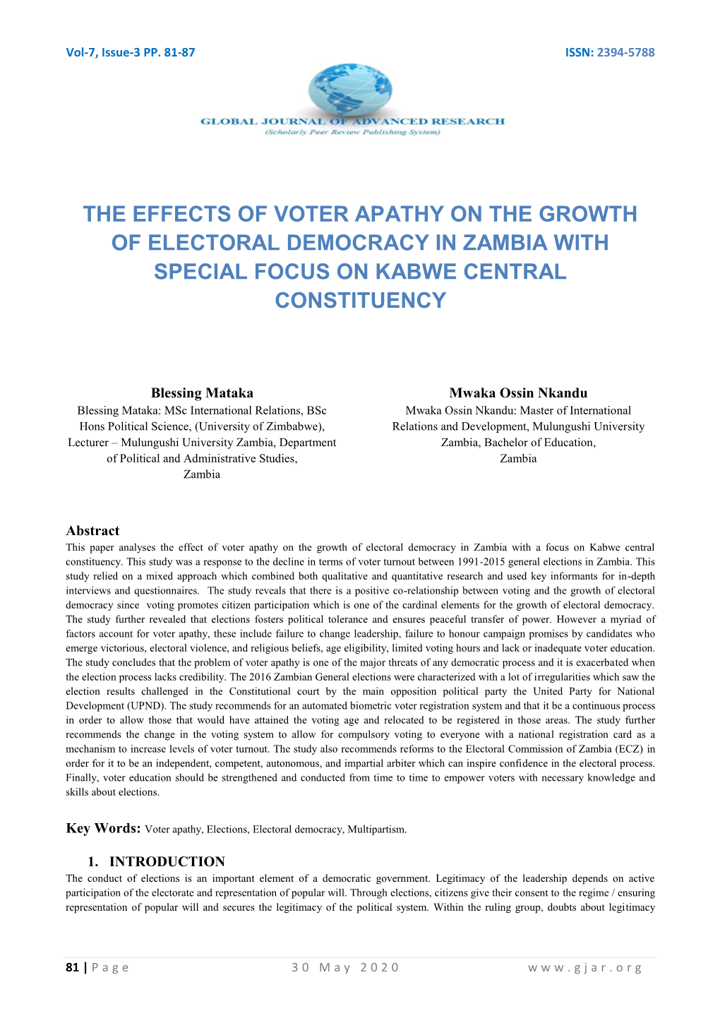 The Effects of Voter Apathy on the Growth of Electoral Democracy in Zambia with Special Focus on Kabwe Central Constituency