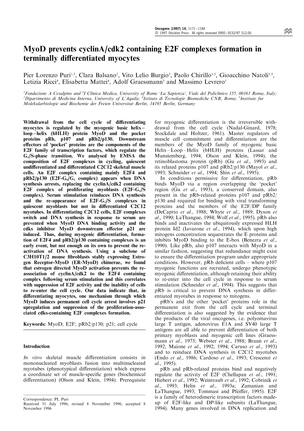 Myod Prevents Cyclina/Cdk2 Containing E2F Complexes Formation in Terminally DiErentiated Myocytes