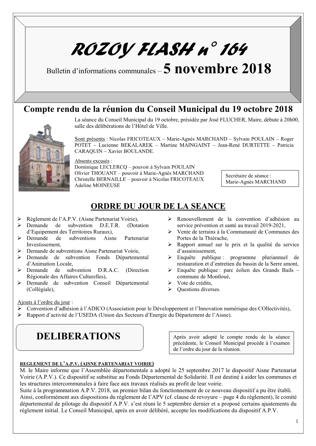 ROZOY FLASH N° 164 Bulletin D’Informations Communales – 5 Novembre 2018