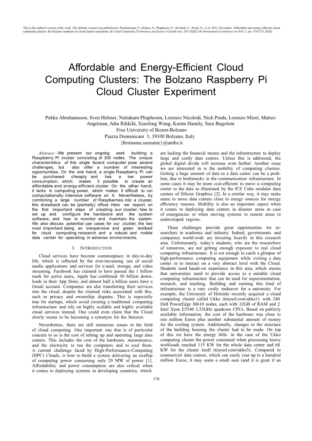 The Bolzano Raspberry Pi Cloud Cluster Experiment