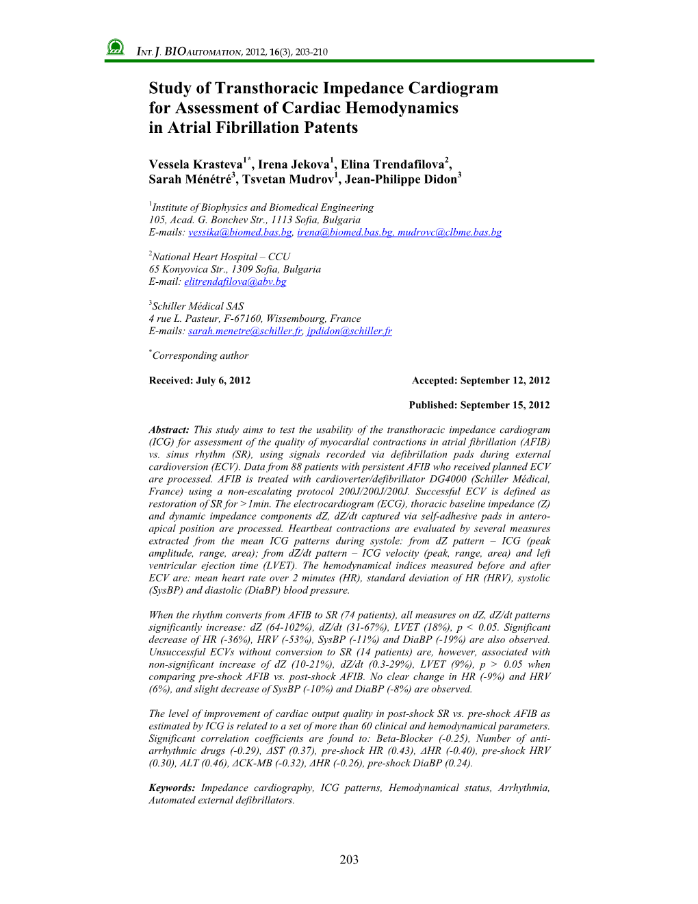 Study of Transthoracic Impedance Cardiogram for Assessment of Cardiac Hemodynamics in Atrial Fibrillation Patents