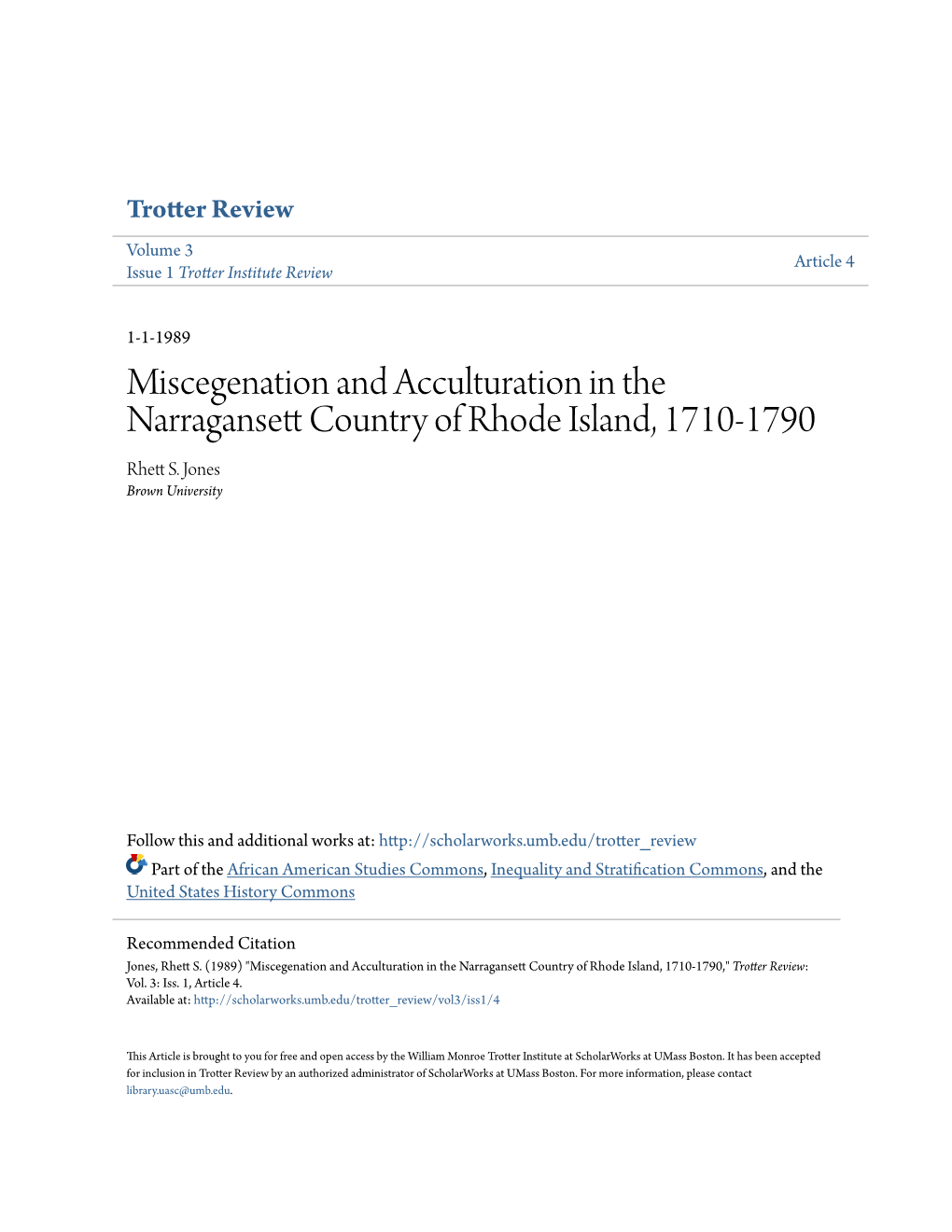 Miscegenation and Acculturation in the Narragansett Country of Rhode