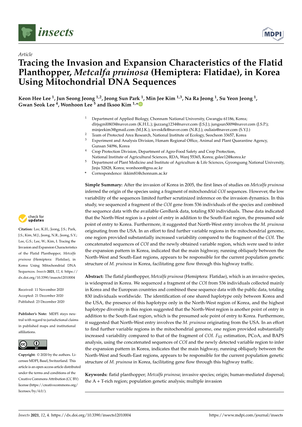 In Korea Using Mitochondrial DNA Sequences