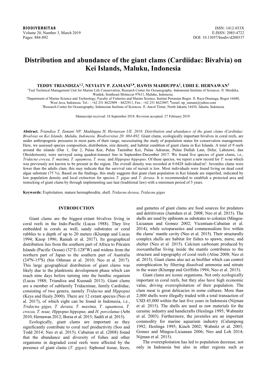 Distribution and Abundance of the Giant Clams (Cardiidae: Bivalvia) on Kei Islands, Maluku, Indonesia