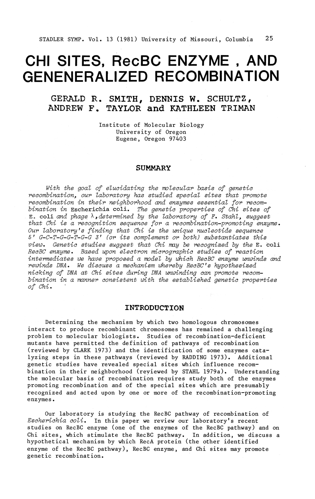 CHI SITES, Recbc ENZYME , and GENENERALIZED RECOMBINATION