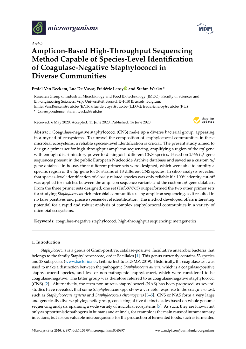 Amplicon-Based High-Throughput Sequencing Method Capable of Species-Level Identiﬁcation of Coagulase-Negative Staphylococci in Diverse Communities