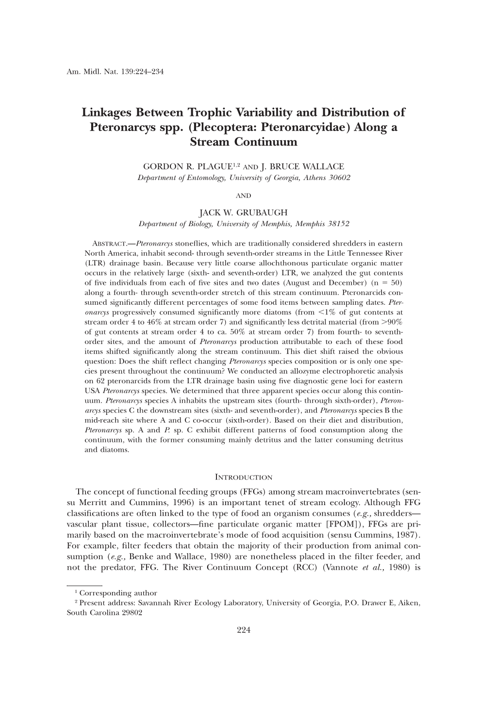 Linkages Between Trophic Variability and Distribution of Pteronarcys Spp. (Plecoptera: Pteronarcyidae) Along a Stream Continuum