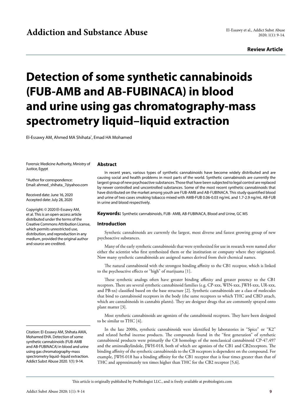 FUB-AMB and AB-FUBINACA) in Blood and Urine Using Gas Chromatography-Mass Spectrometry Liquid–Liquid Extraction