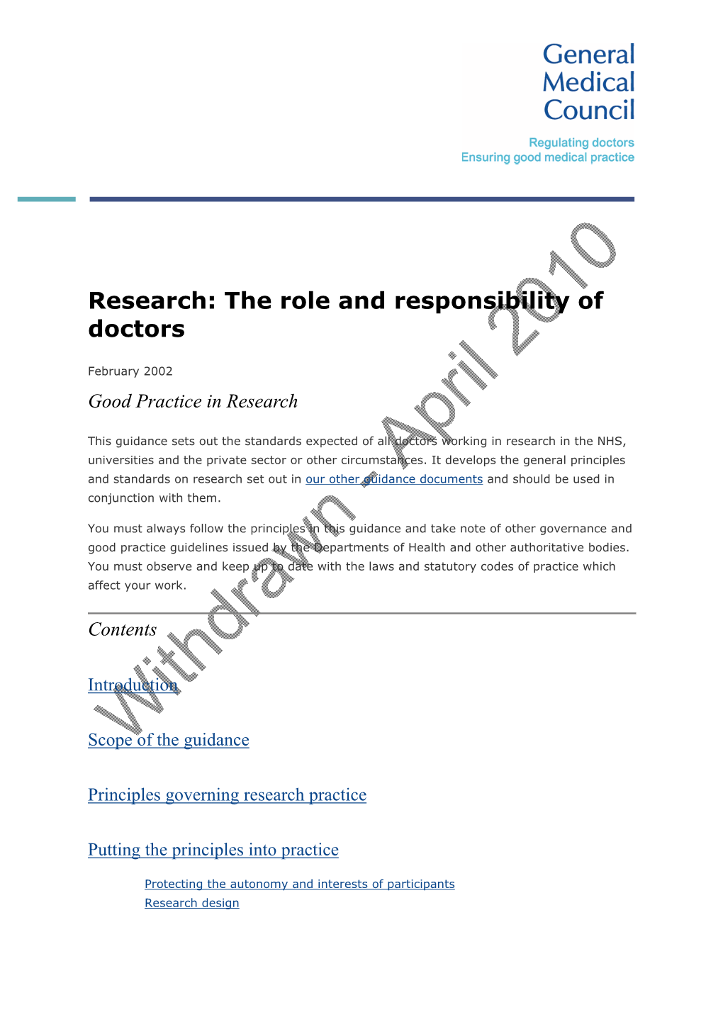 GMC Guidance: Research: the Role and Responsibility of Doctors (2002