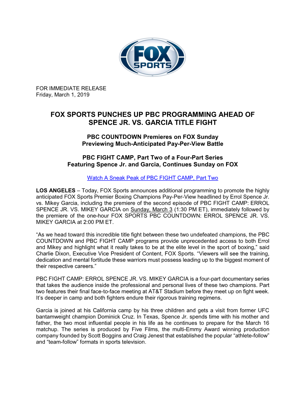 Fox Sports Punches up Pbc Programming Ahead of Spence Jr