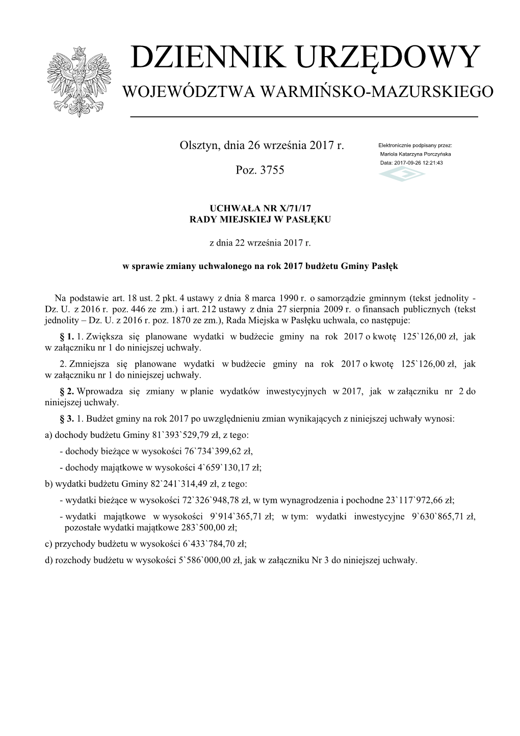 Uchwala Nr X/71/17 Z Dnia 22 Wrzesnia 2017 R