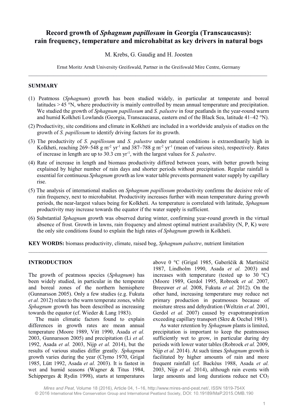 Record Growth of Sphagnum Papillosum in Georgia (Transcaucasus): Rain Frequency, Temperature and Microhabitat As Key Drivers in Natural Bogs