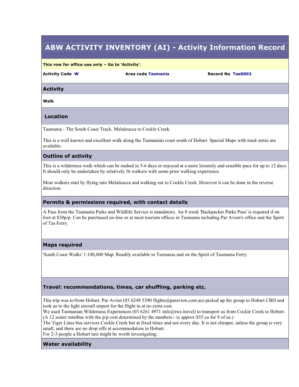 ABW ACTIVITY INVENTORY (AI) - Activity Information Record