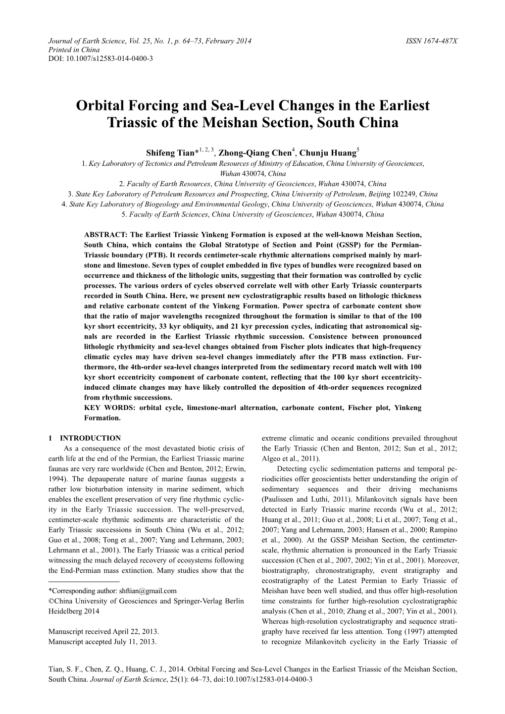 Orbital Forcing and Sea-Level Changes in the Earliest Triassic of the Meishan Section, South China