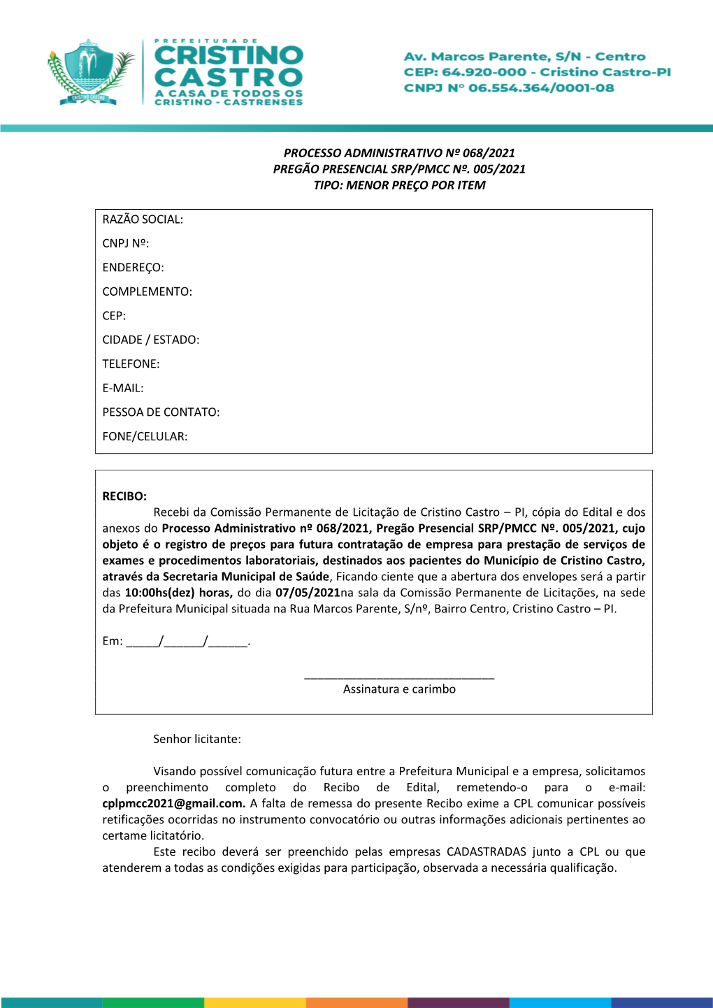 Processo Administrativo Nº 068/2021 Pregão Presencial Srp/Pmcc Nº