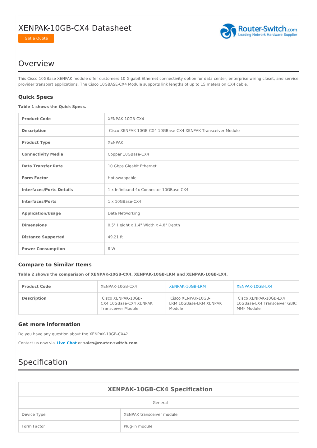 XENPAK-10GB-CX4 Datasheet Overview