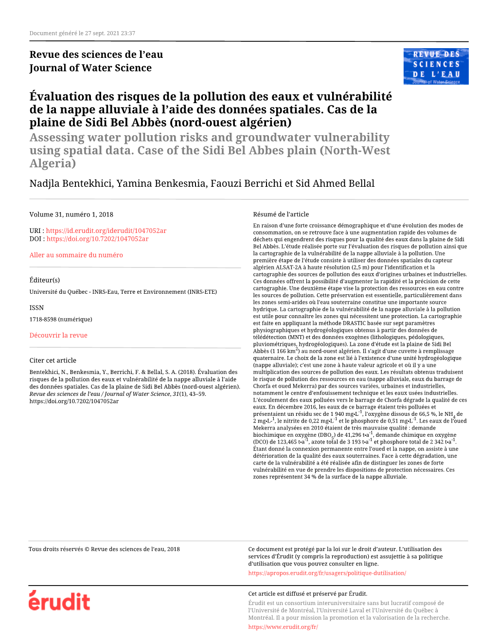 Évaluation Des Risques De La Pollution Des Eaux Et Vulnérabilité De La Nappe Alluviale À L’Aide Des Données Spatiales