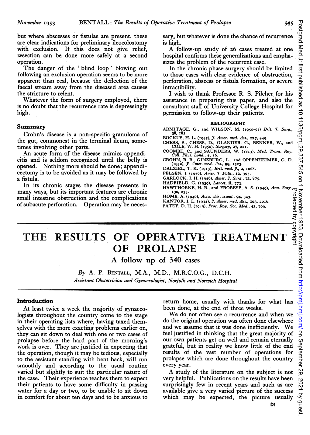 The Results of Operative Treatment of Prolapse 545 Postgrad Med J: First Published As 10.1136/Pgmj.29.337.545 on 1 November 1953