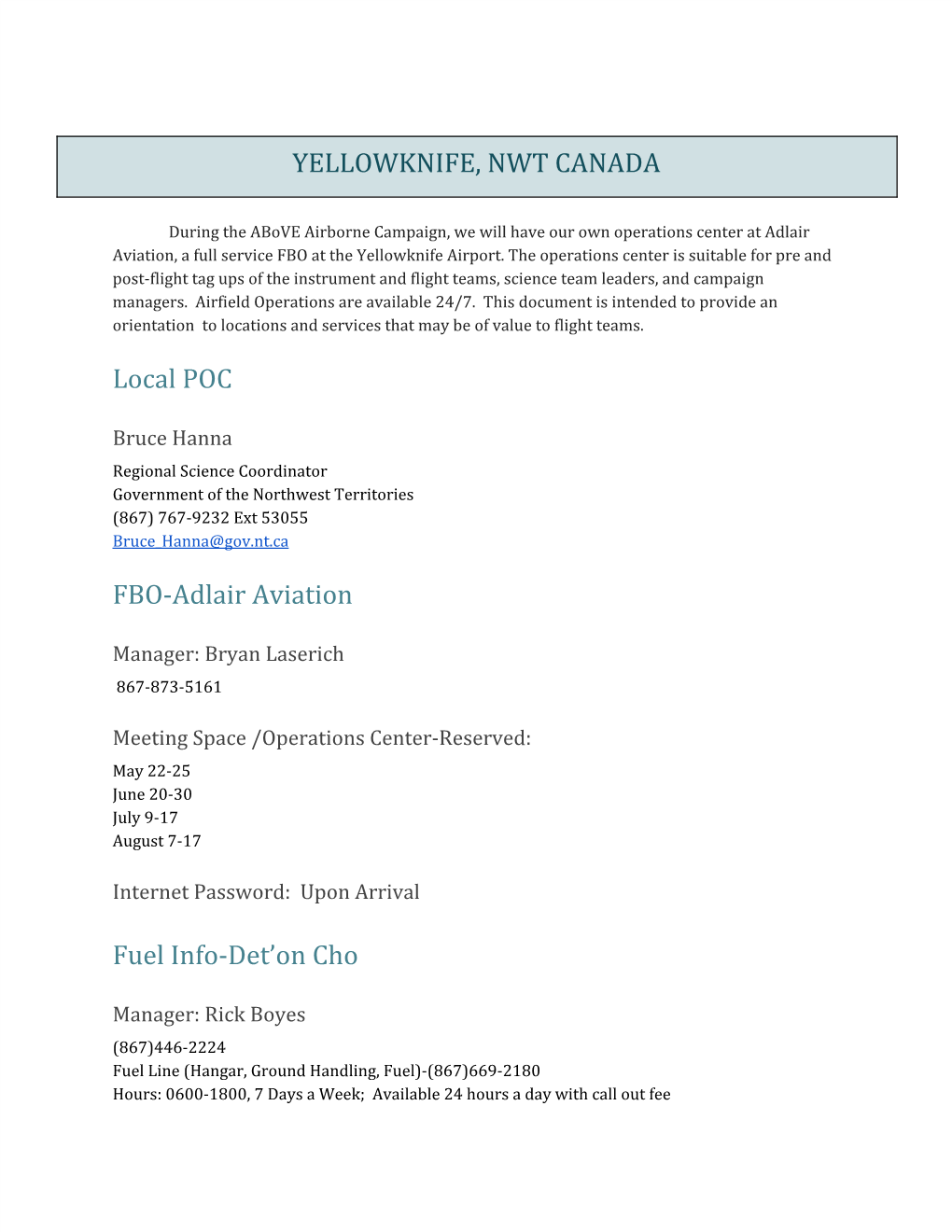 YELLOWKNIFE, NWT CANADA Local POC FBO-Adlair Aviation Fuel Info