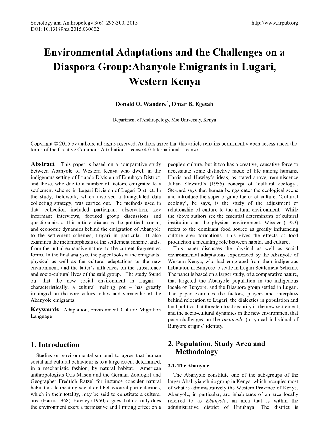 Environmental Adaptations and the Challenges on a Diaspora Group:Abanyole Emigrants in Lugari, Western Kenya