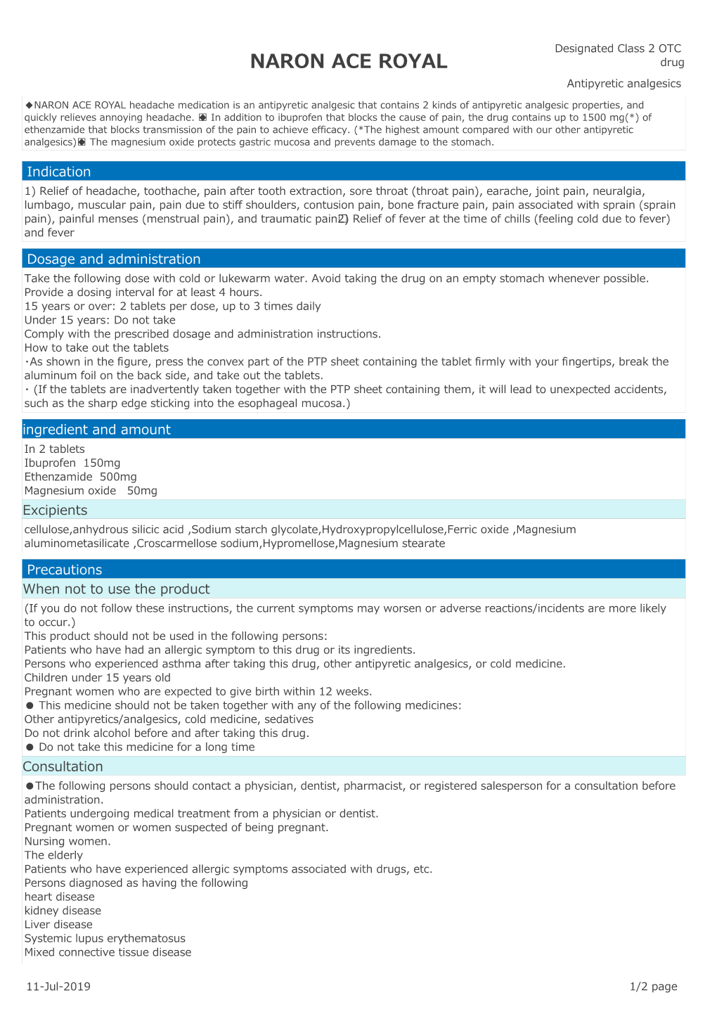 NARON ACE ROYAL Drug Antipyretic Analgesics