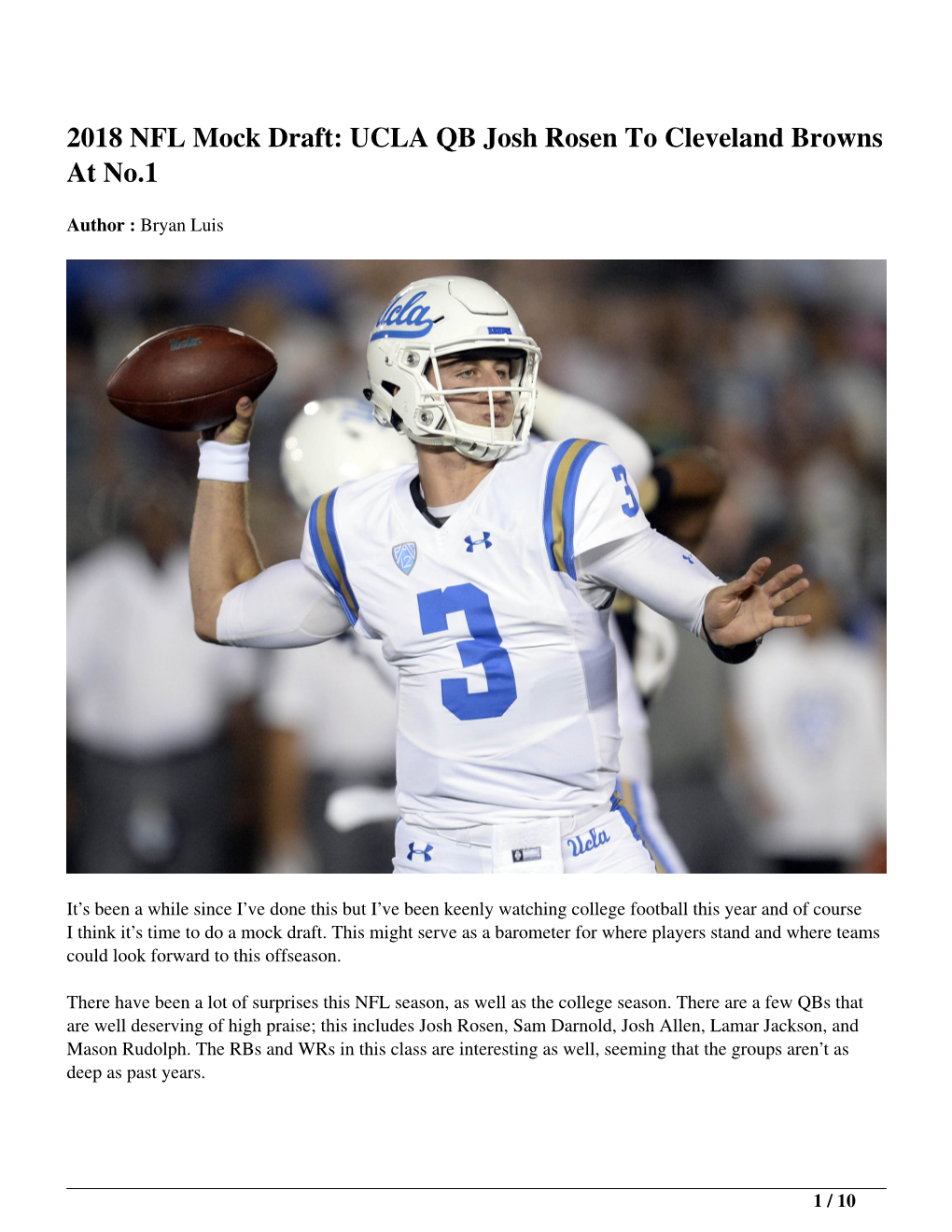 2018 NFL Mock Draft: UCLA QB Josh Rosen to Cleveland Browns at No.1