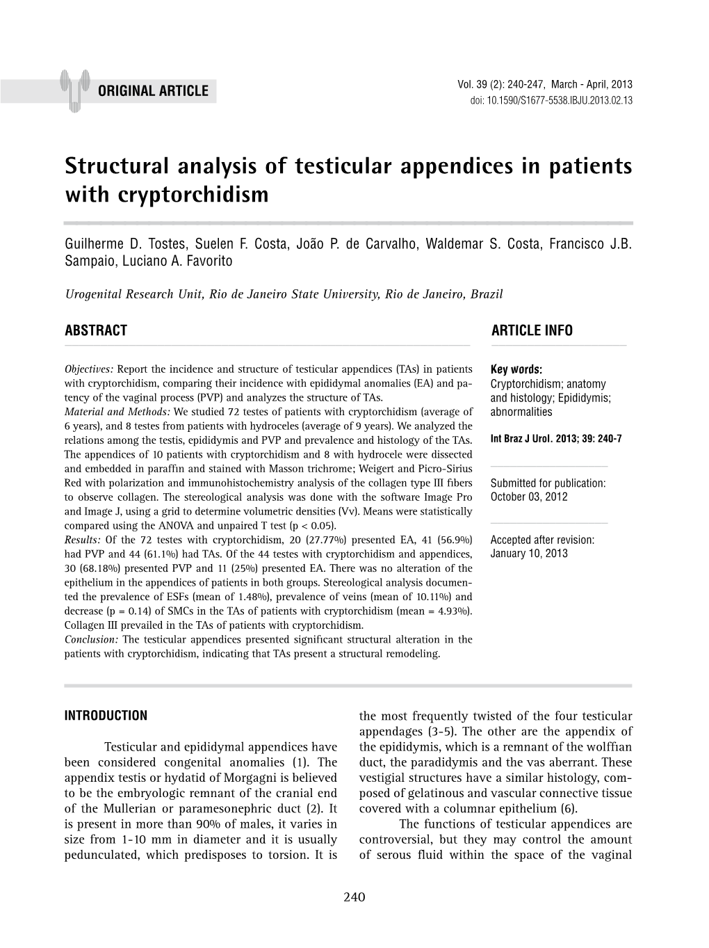 Structural Analysis of Testicular Appendices in Patients with Cryptorchidism ______Guilherme D