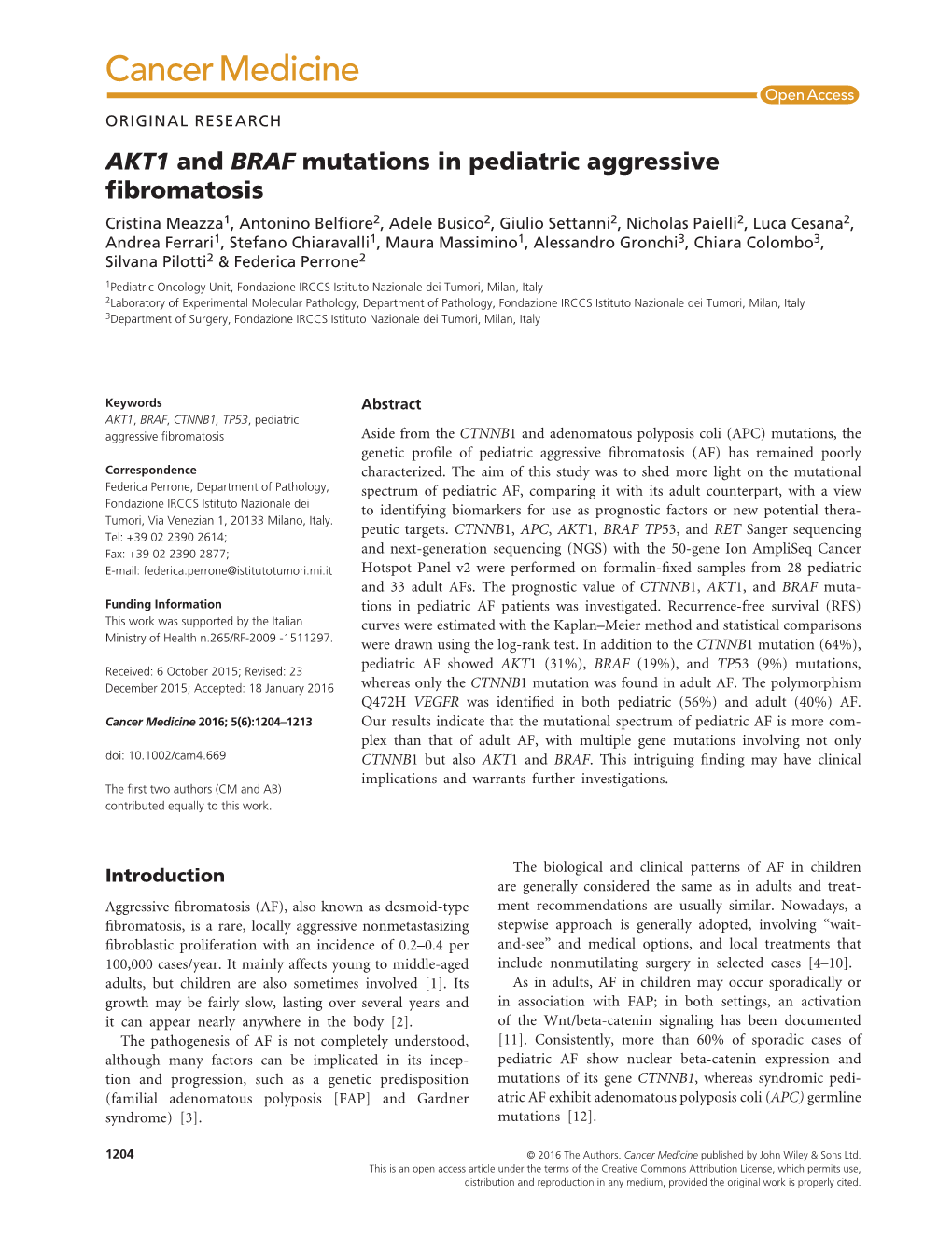AKT1 and BRAF Mutations in Pediatric Aggressive Fibromatosis