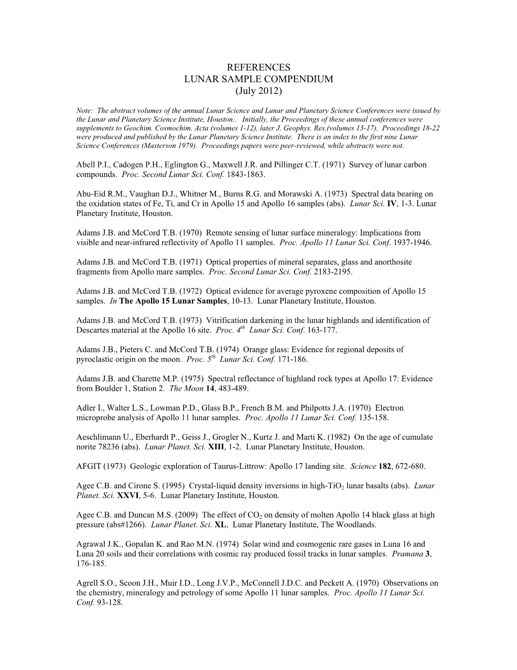 REFERENCES LUNAR SAMPLE COMPENDIUM (July 2012)