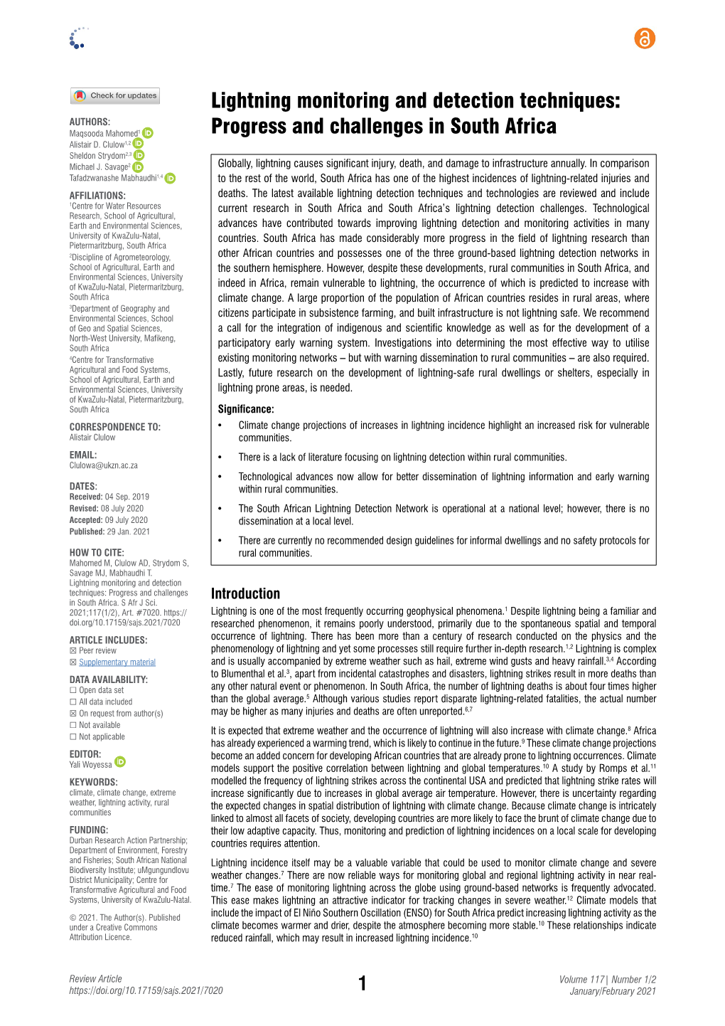 Lightning Monitoring and Detection Techniques: AUTHORS: Maqsooda Mahomed1 Progress and Challenges in South Africa Alistair D