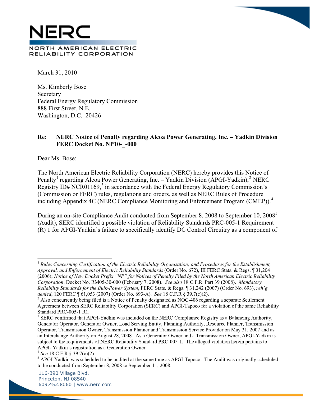 Notice of Penalty Regarding Alcoa Power Generating, Inc