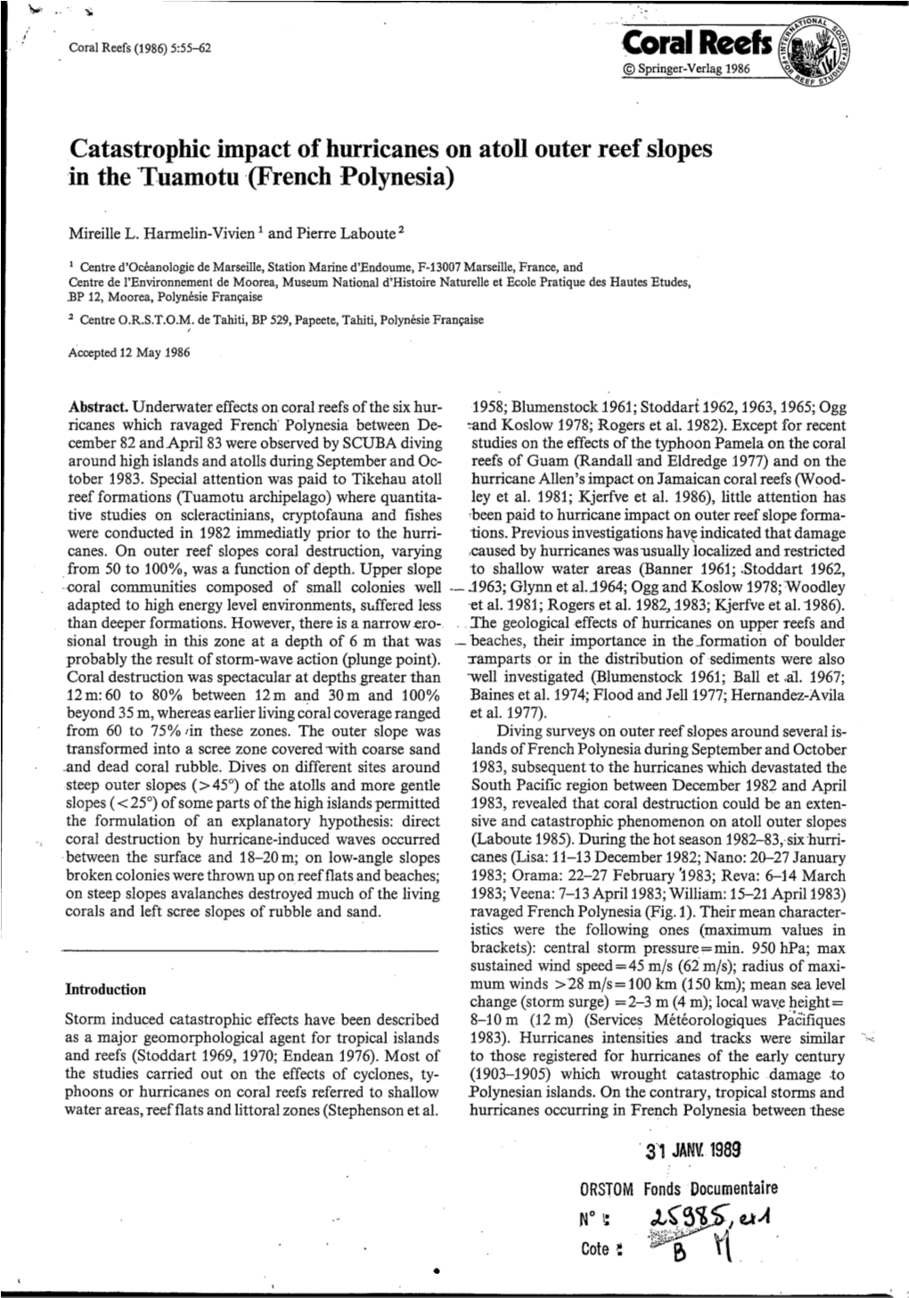 Catastrophic Impact of Hurricanes on Atoll Outer Reef Slopes in the Tuamotu (French Polynesia)