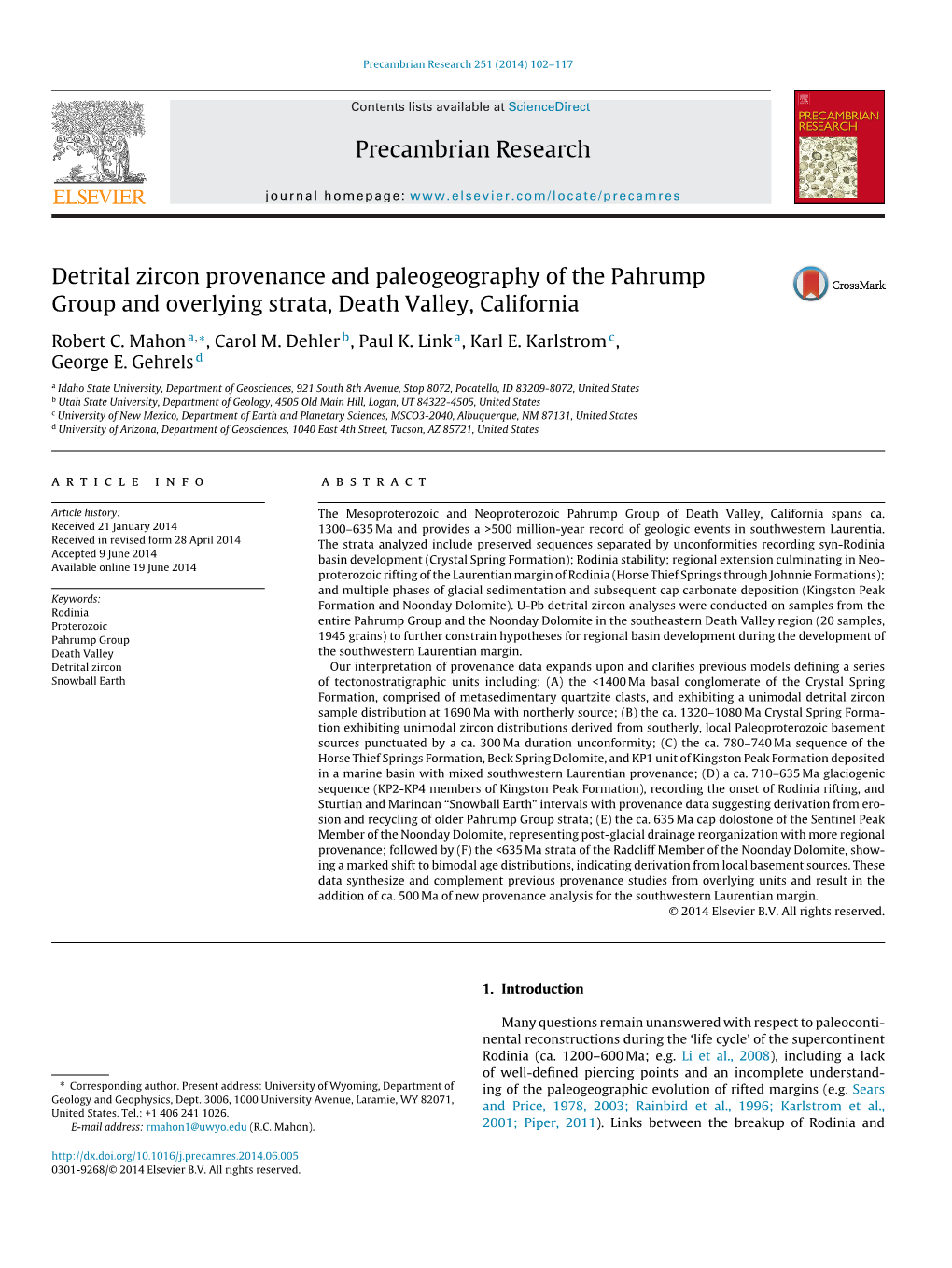 Detrital Zircon Provenance and Paleogeography of the Pahrump