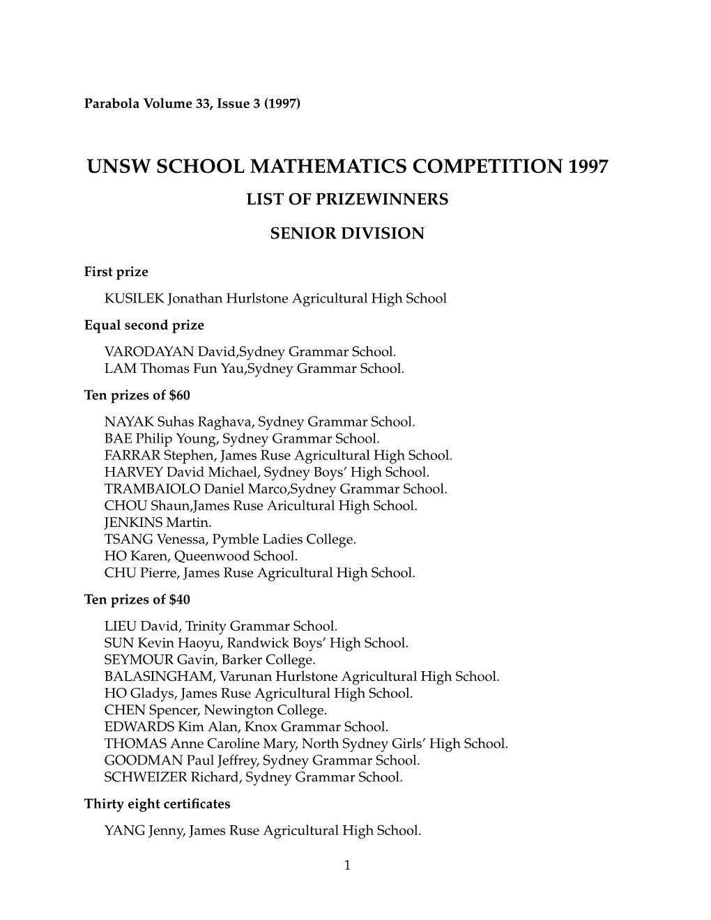 Unsw School Mathematics Competition 1997 List of Prizewinners