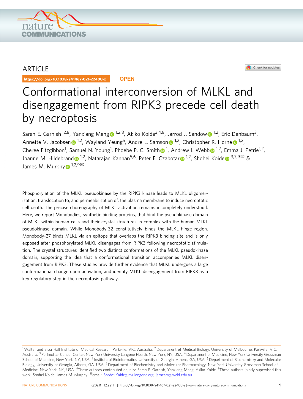 Conformational Interconversion of MLKL and Disengagement from RIPK3 Precede Cell Death by Necroptosis