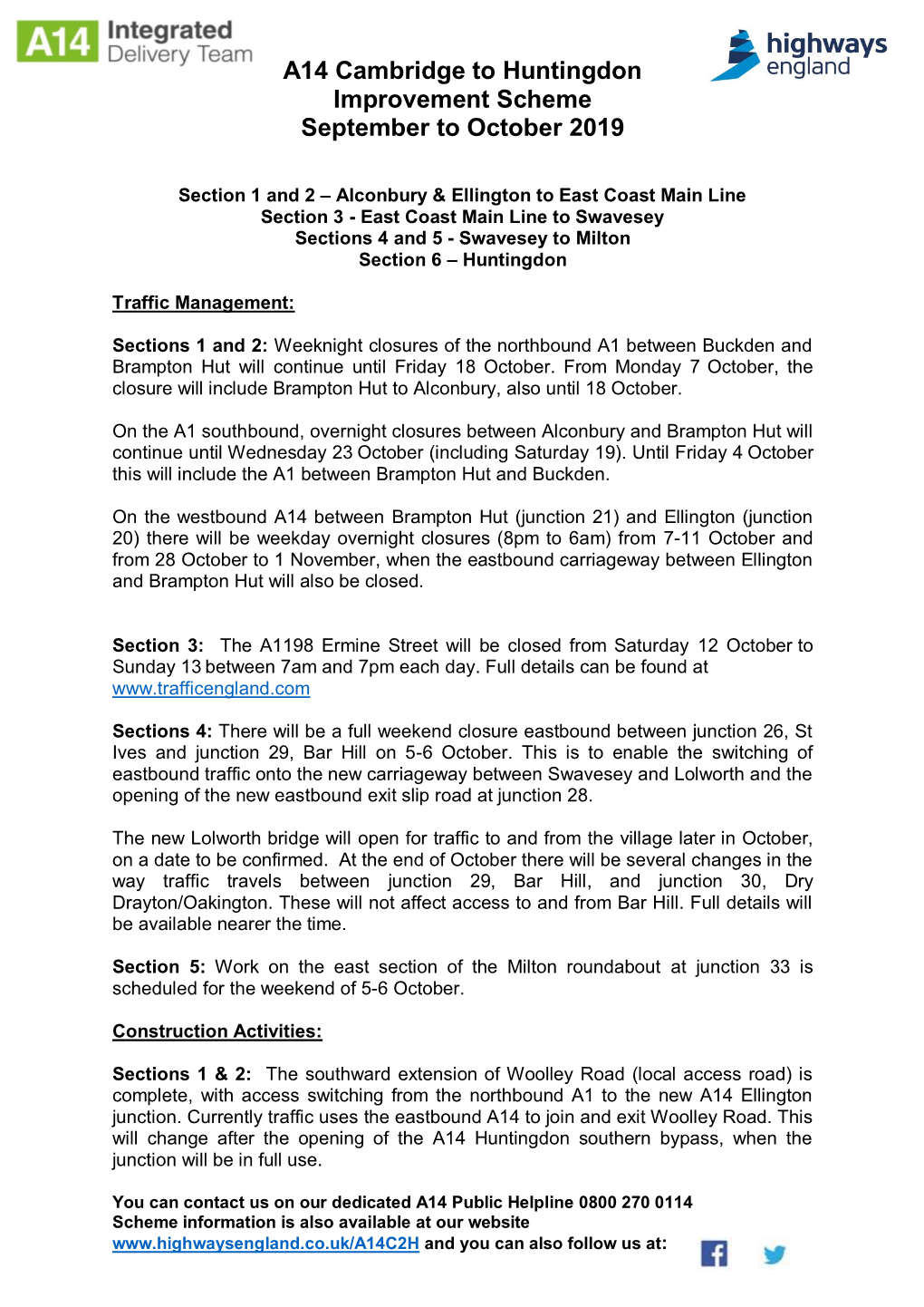 A14 Cambridge to Huntingdon Improvement Scheme September to October 2019