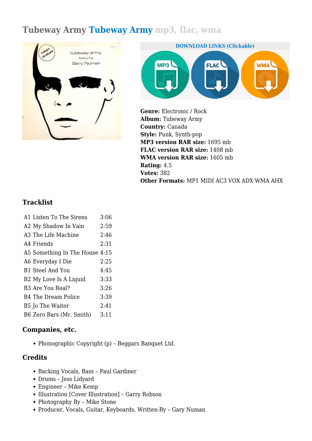 Tubeway Army Tubeway Army Mp3, Flac, Wma