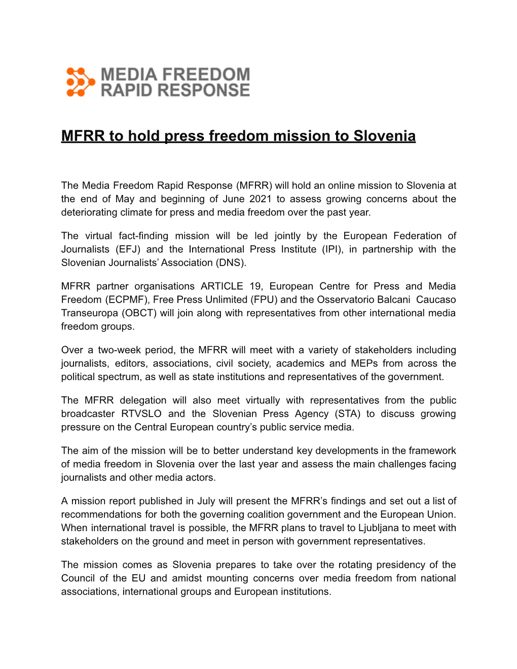 Press Release: MFRR Press Freedom Mission to Slovenia