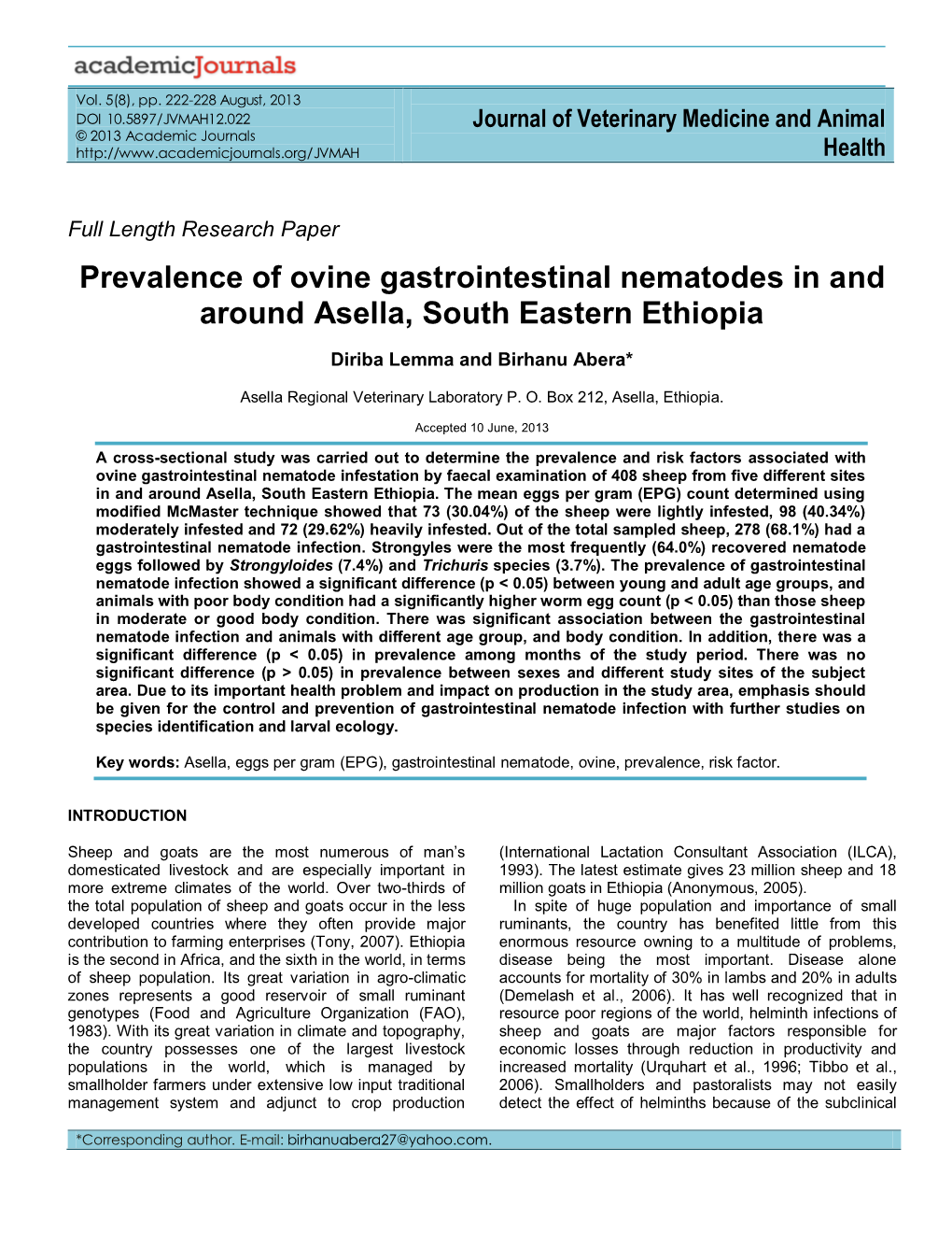 Prevalence of Ovine Gastrointestinal Nematodes in and Around Asella, South Eastern Ethiopia