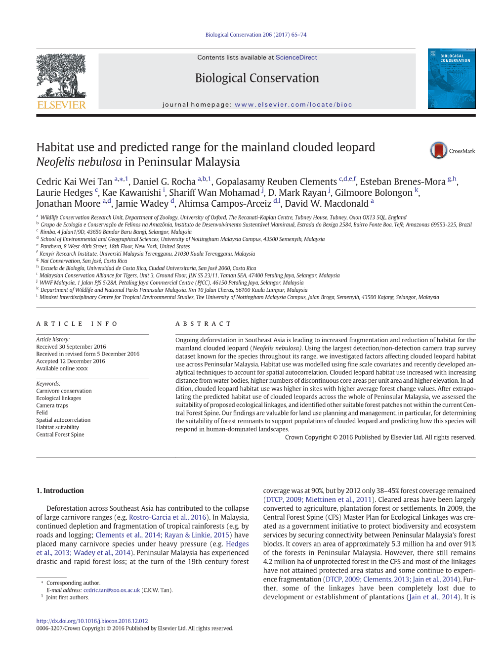 Habitat Use and Predicted Range for the Mainland Clouded Leopard Neofelis Nebulosa in Peninsular Malaysia